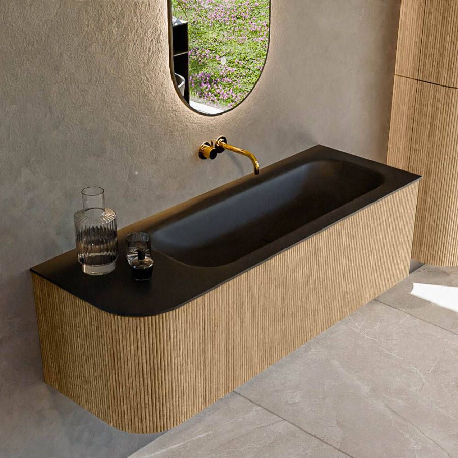 Mondiaz KURVE 135 cm Onderkast Greeploos 1 Lade Met Deuren Oak Wastafel Solid Surface Rechts Urban 0 Kraangaten Zonder Spiegel (KRVBGM135L1L1D0KR-Oak Urb)
