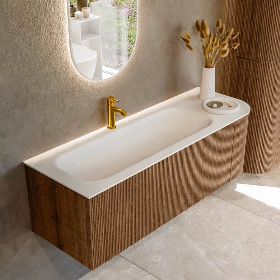 Mondiaz KURVE 135 cm Onderkast Greeploos 1 Lade Met Deuren Walnut Wastafel Solid Surface Links Talc 1 Kraangat Zonder Spiegel (KRVBGM135R1L1D1KL-Wal Tal)