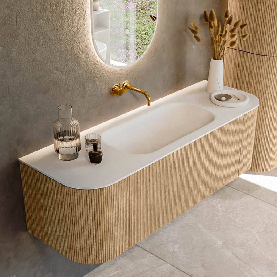 Mondiaz KURVE 140cm badmeubel met module 25 Len R kleur Oak met 1 lade en 2 deuren. Wastafel BIG SMALL midden zonder kraangat Talc. KRVBGS140L+R1L2D0KM-Oak Tal