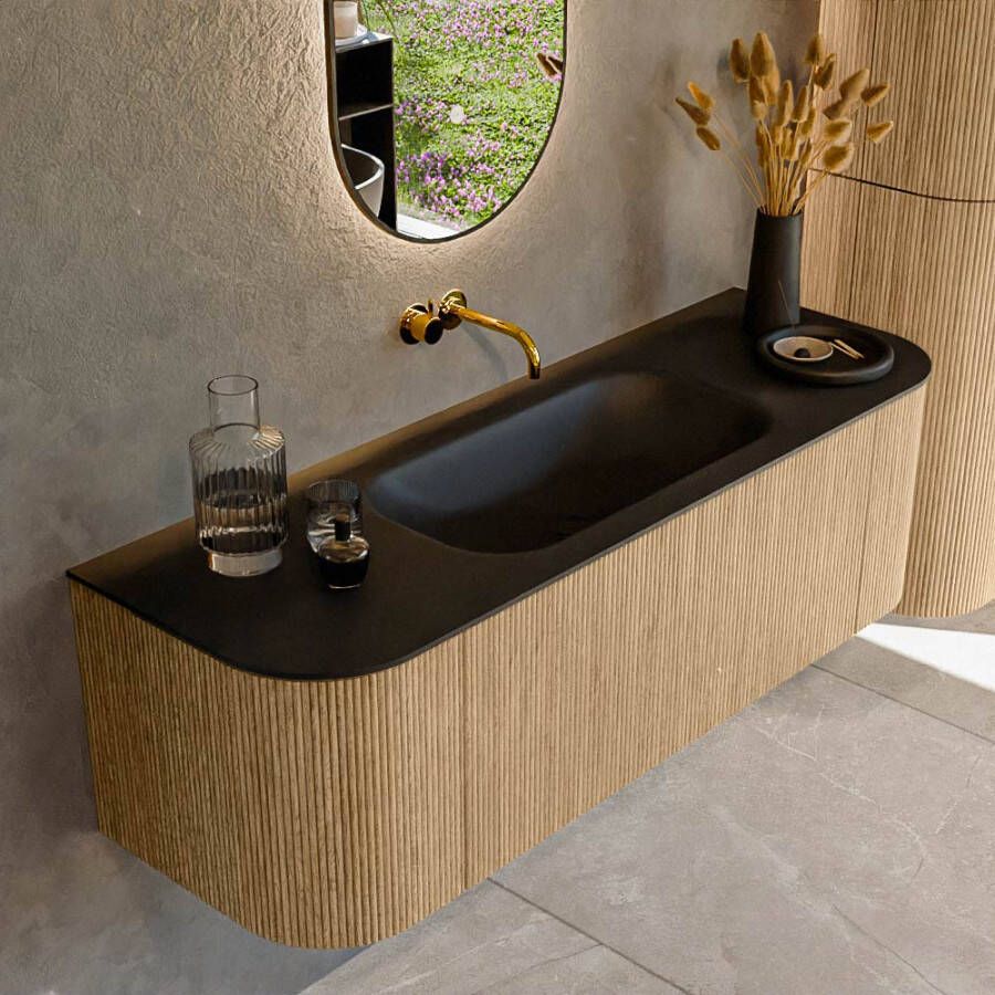 Mondiaz KURVE 140cm badmeubel met module 25 Len R kleur Oak met 1 lade en 2 deuren. Wastafel BIG SMALL midden zonder kraangat Urban. KRVBGS140L+R1L2D0KM-Oak Urb