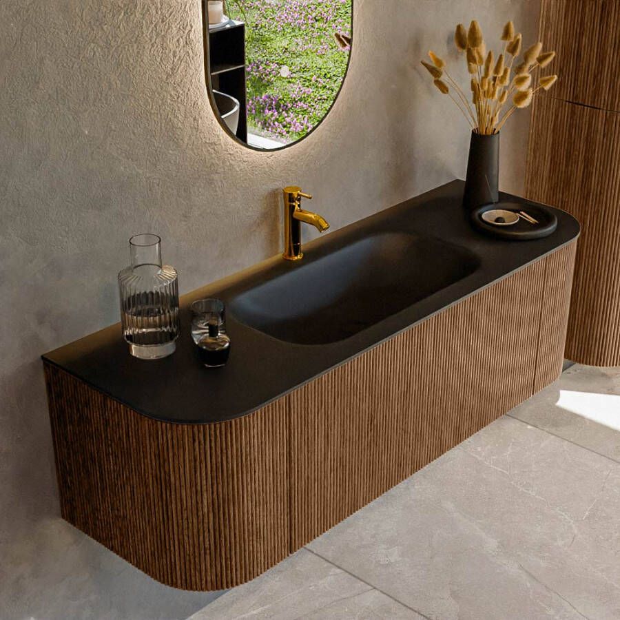 Mondiaz KURVE 140cm badmeubel met module 25 Len R kleur Walnut met 1 lade en 2 deuren. Wastafel BIG SMALL midden 1 kraangat Urban. KRVBGS140L+R1L2D1KM-Wal Urb
