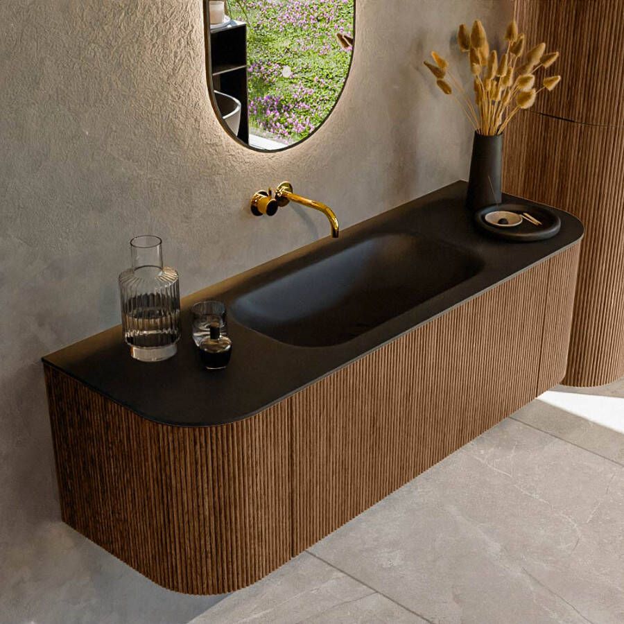 Mondiaz KURVE 140cm badmeubel met module 25 Len R kleur Walnut met 1 lade en 2 deuren. Wastafel BIG SMALL midden zonder kraangat Urban. KRVBGS140L+R1L2D0KM-Wal Urb