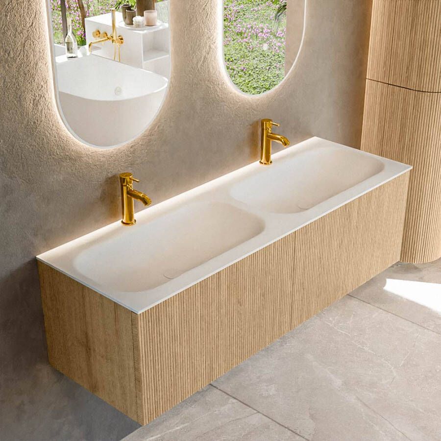 Mondiaz KURVE 140 cm Onderkast Greeploos 2 Lades Zonder Deuren Oak Wastafel Solid Surface Dubbel Talc 2 Kraangaten Zonder Spiegel (KRVBGS1402L0D2KD-Oak Tal)