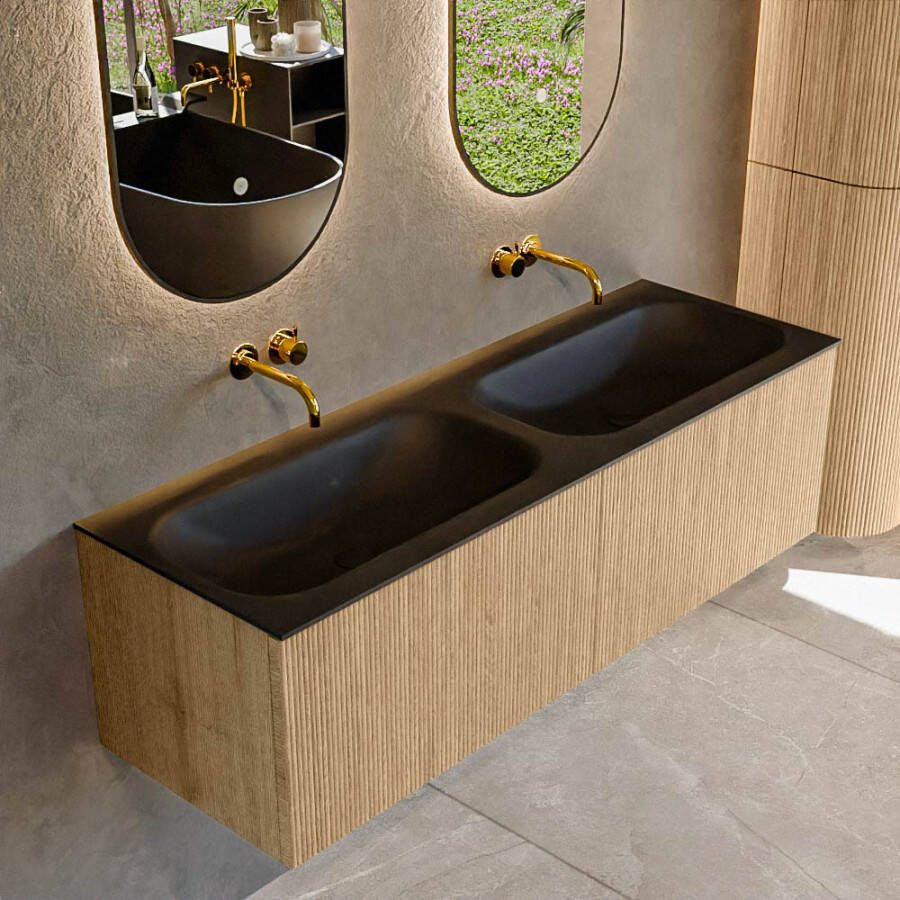 Mondiaz KURVE 140 cm Onderkast Greeploos 2 Lades Zonder Deuren Oak Wastafel Solid Surface Dubbel Urban 0 Kraangaten Zonder Spiegel (KRVBGS1402L0D0KD-Oak Urb)