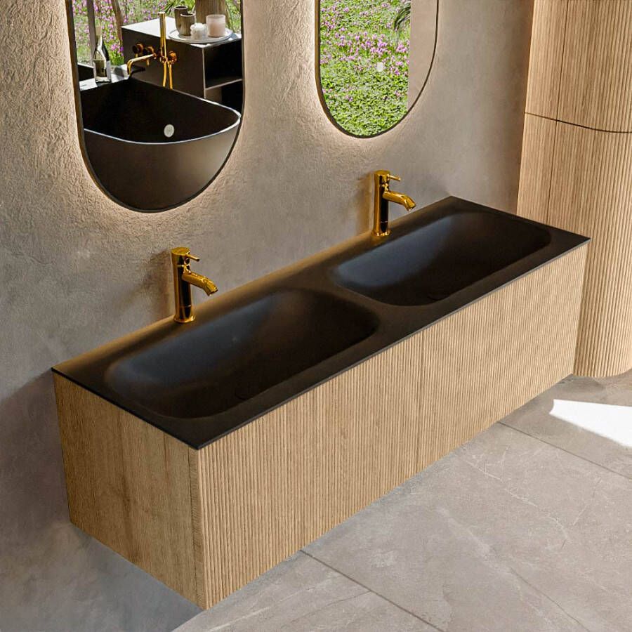 Mondiaz KURVE 140 cm Onderkast Greeploos 2 Lades Zonder Deuren Oak Wastafel Solid Surface Dubbel Urban 2 Kraangaten Zonder Spiegel (KRVBGS1402L0D2KD-Oak Urb)