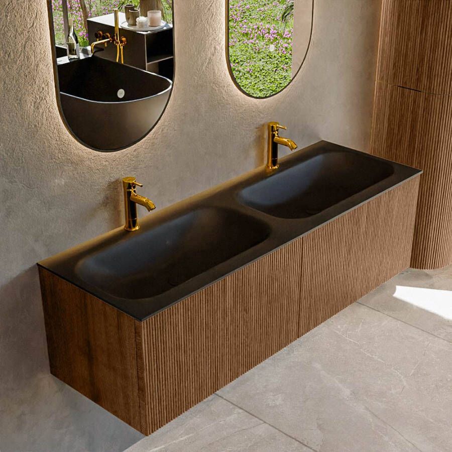 Mondiaz KURVE 140 cm Onderkast Greeploos 2 Lades Zonder Deuren Walnut Wastafel Solid Surface Dubbel Urban 2 Kraangaten Zonder Spiegel (KRVBGS1402L0D2KD-Wal Urb)