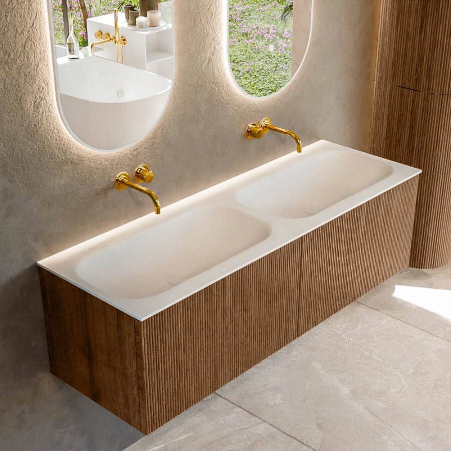 Mondiaz KURVE 140 cm Onderkast Greeploos 2 Lades Zonder Deuren Walnut Wastafel Solid Surface Dubbel Talc 0 Kraangaten Zonder Spiegel (KRVBGS1402L0D0KD-Wal Tal)
