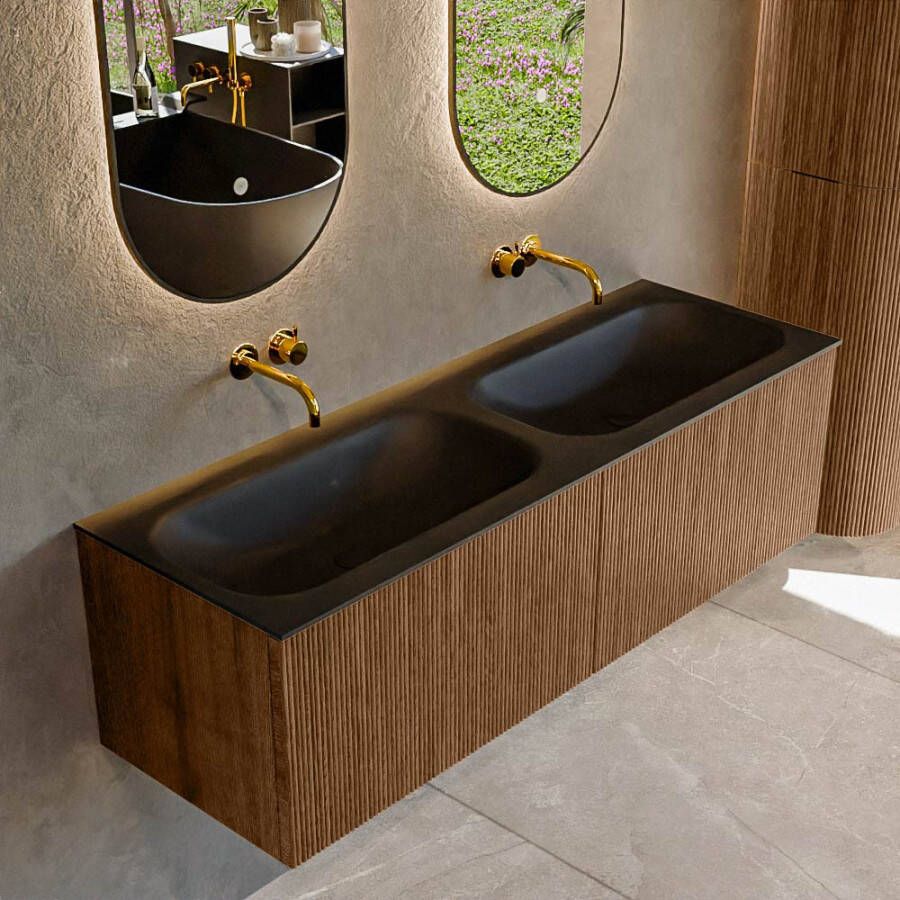 Mondiaz KURVE 140 cm Onderkast Greeploos 2 Lades Zonder Deuren Walnut Wastafel Solid Surface Dubbel Urban 0 Kraangaten Zonder Spiegel (KRVBGS1402L0D0KD-Wal Urb)