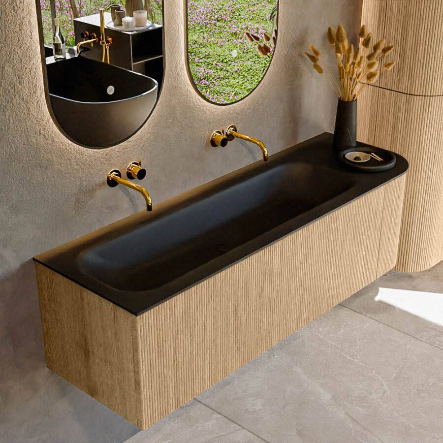 Mondiaz KURVE 145 cm Onderkast Greeploos 1 Lade Met Deuren Oak Wastafel Solid Surface Links Urban 0 Kraangaten Zonder Spiegel (KRVBGL145R1L1D0KL-Oak Urb)