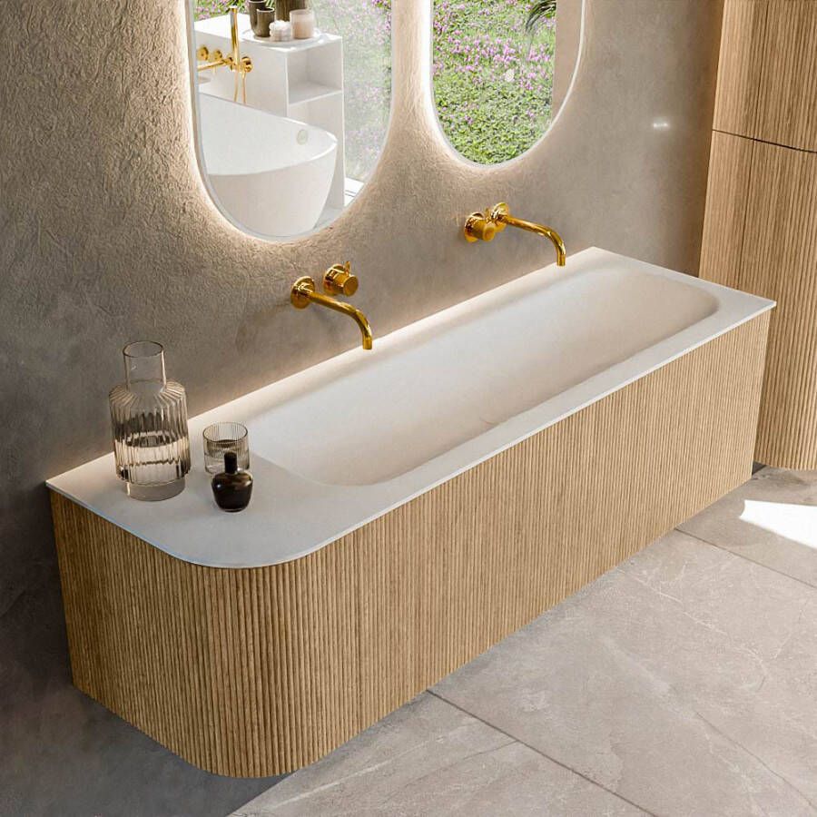 Mondiaz KURVE 145 cm Onderkast Greeploos 1 Lade Met Deuren Oak Wastafel Solid Surface Rechts Talc 0 Kraangaten Zonder Spiegel (KRVBGL145L1L1D0KR-Oak Tal)