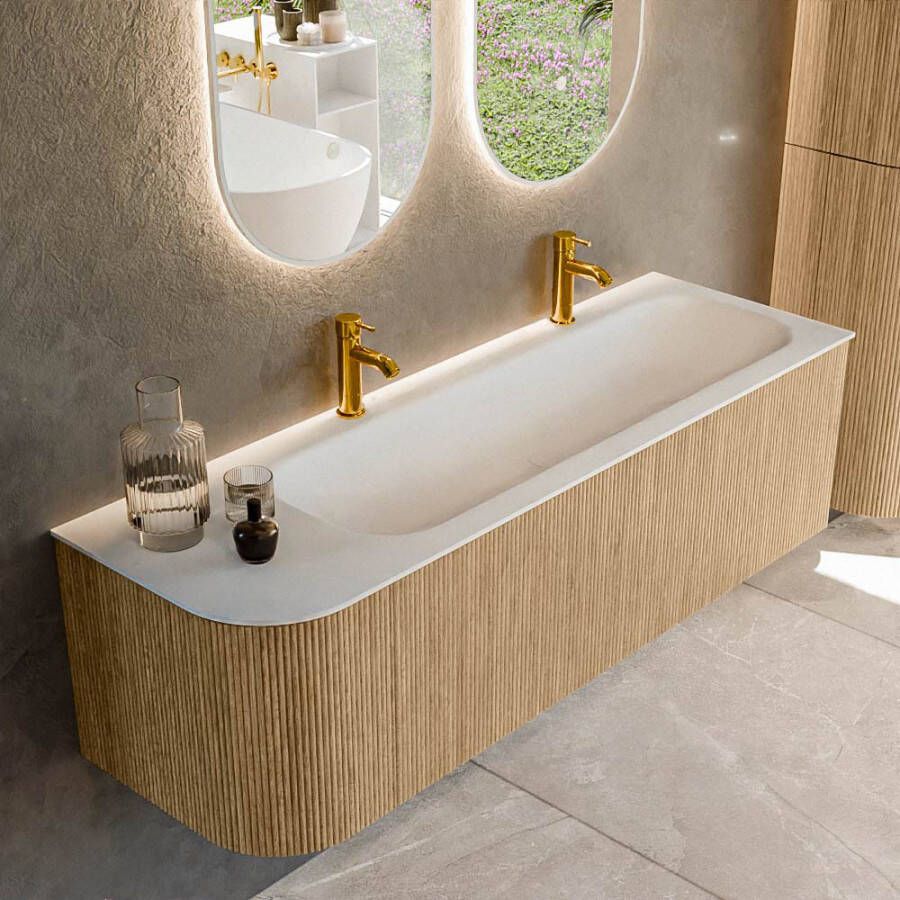 Mondiaz KURVE 145 cm Onderkast Greeploos 1 Lade Met Deuren Oak Wastafel Solid Surface Rechts Talc 2 Kraangaten Zonder Spiegel (KRVBGL145L1L1D2KR-Oak Tal)