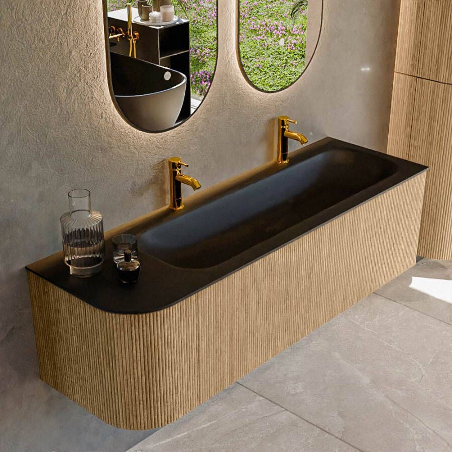 Mondiaz KURVE 145 cm Onderkast Greeploos 1 Lade Met Deuren Oak Wastafel Solid Surface Rechts Urban 2 Kraangaten Zonder Spiegel (KRVBGL145L1L1D2KR-Oak Urb)