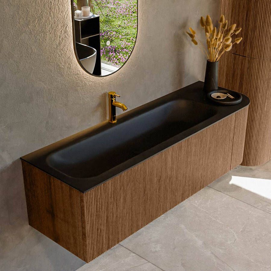 Mondiaz KURVE 145 cm Onderkast Greeploos 1 Lade Met Deuren Walnut Wastafel Solid Surface Links Urban 1 Kraangat Zonder Spiegel (KRVBGL145R1L1D1KL-Wal Urb)