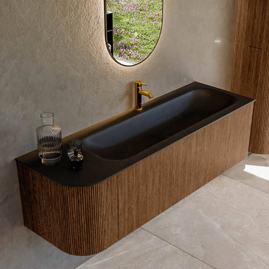 Mondiaz KURVE 145 cm Onderkast Greeploos 1 Lade Met Deuren Walnut Wastafel Solid Surface Rechts Urban 1 Kraangat Zonder Spiegel (KRVBGL145L1L1D1KR-Wal Urb)