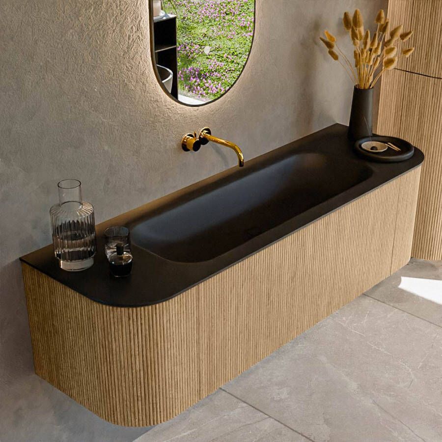 Mondiaz KURVE 150cm badmeubel met module 25 Len R kleur Oak met 1 lade en 2 deuren. Wastafel BIG MEDIUM midden zonder kraangat Urban. KRVBGM150L+R1L2D0KM-Oak Urb