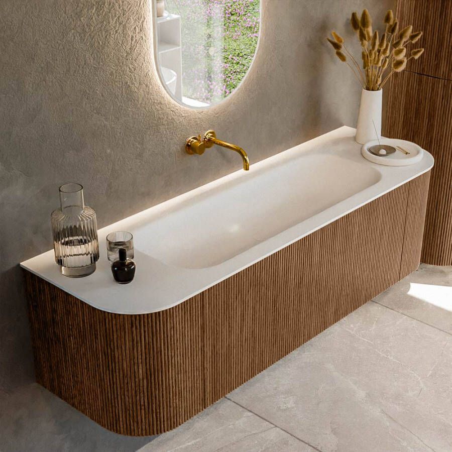 Mondiaz KURVE 150cm badmeubel met module 25 Len R kleur Walnut met 1 lade en 2 deuren. Wastafel BIG MEDIUM midden zonder kraangat Talc. KRVBGM150L+R1L2D0KM-Wal Tal