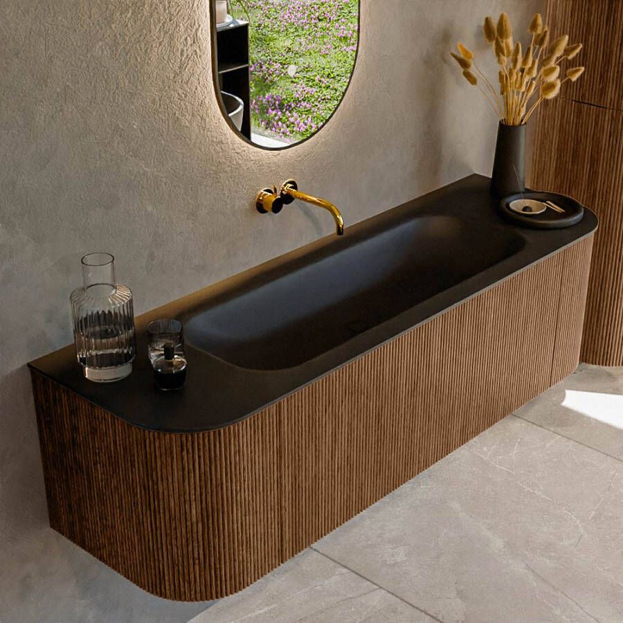 Mondiaz KURVE 150cm badmeubel met module 25 Len R kleur Walnut met 1 lade en 2 deuren. Wastafel BIG MEDIUM midden zonder kraangat Urban. KRVBGM150L+R1L2D0KM-Wal Urb