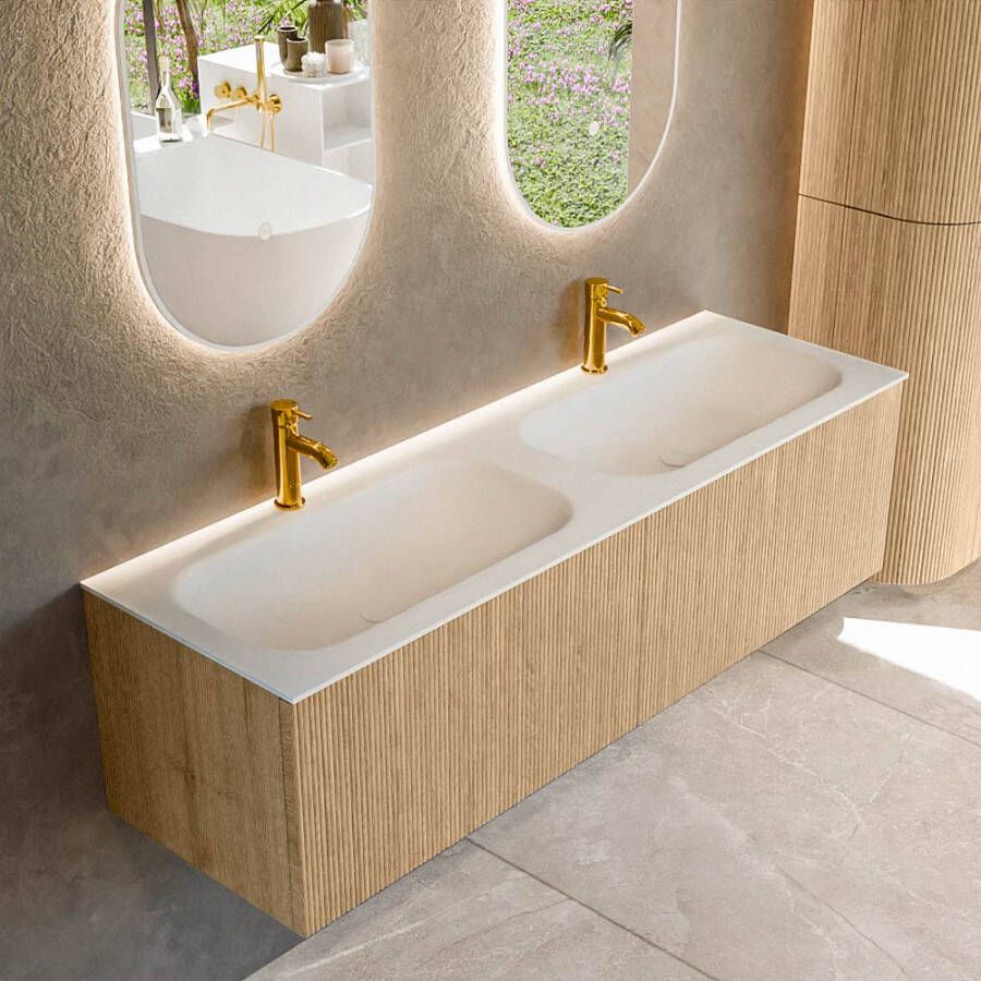 Mondiaz KURVE 150 cm Onderkast Greeploos 2 Lades Zonder Deuren Oak Wastafel Solid Surface Dubbel Talc 2 Kraangaten Zonder Spiegel (KRVBGS1502L0D2KD-Oak Tal)