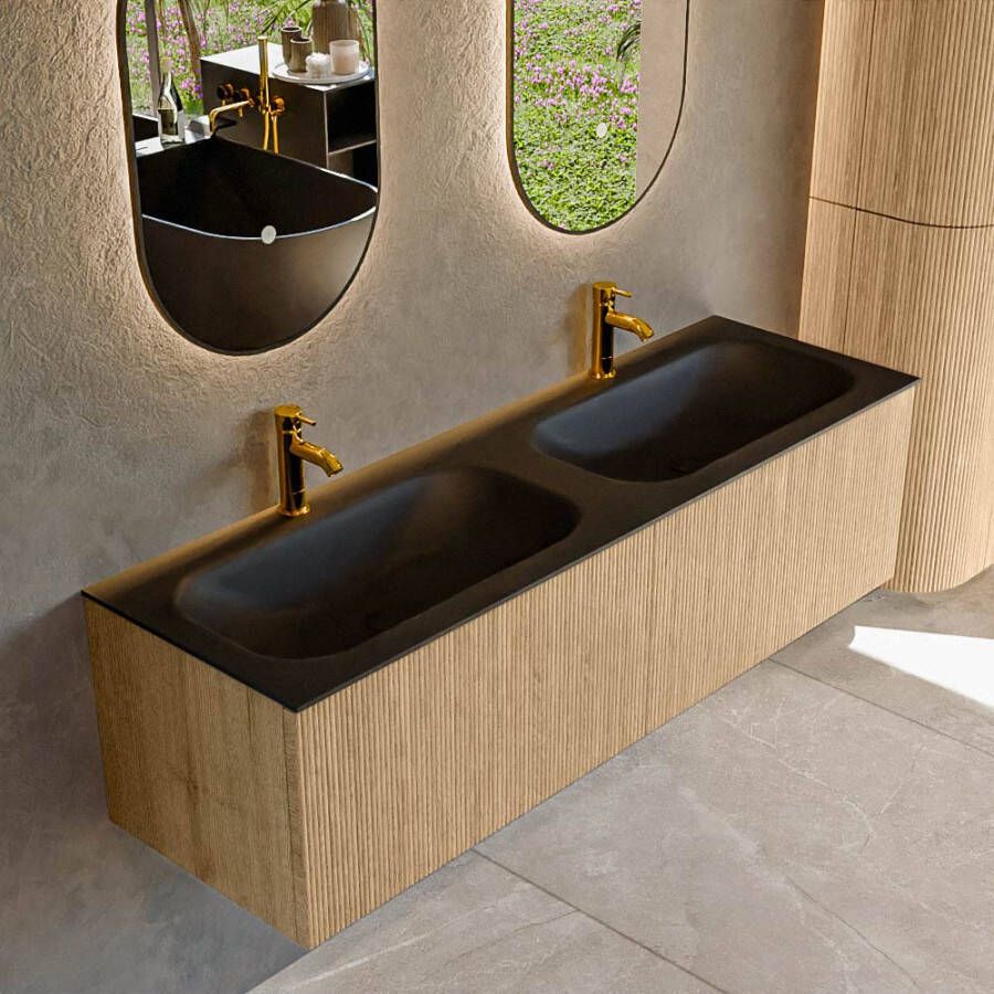 Mondiaz KURVE 150 cm Onderkast Greeploos 2 Lades Zonder Deuren Oak Wastafel Solid Surface Dubbel Urban 2 Kraangaten Zonder Spiegel (KRVBGS1502L0D2KD-Oak Urb)