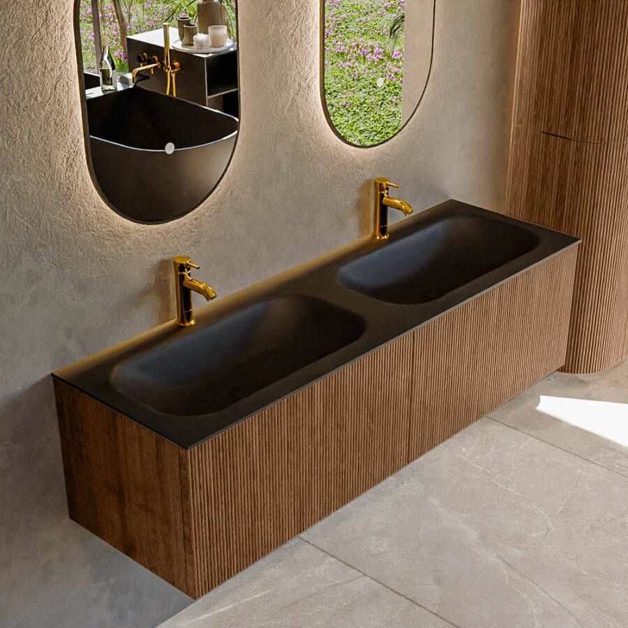 Mondiaz KURVE 150 cm Onderkast Greeploos 2 Lades Zonder Deuren Walnut Wastafel Solid Surface Dubbel Urban 2 Kraangaten Zonder Spiegel (KRVBGS1502L0D2KD-Wal Urb)