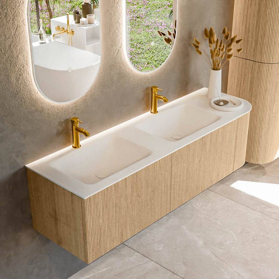 Mondiaz KURVE 155 cm Onderkast Greeploos 2 Lades Met Deuren Oak Wastafel Solid Surface Links Talc 2 Kraangaten Zonder Spiegel (KRVCLO155R2L1D2KD-Oak Tal)