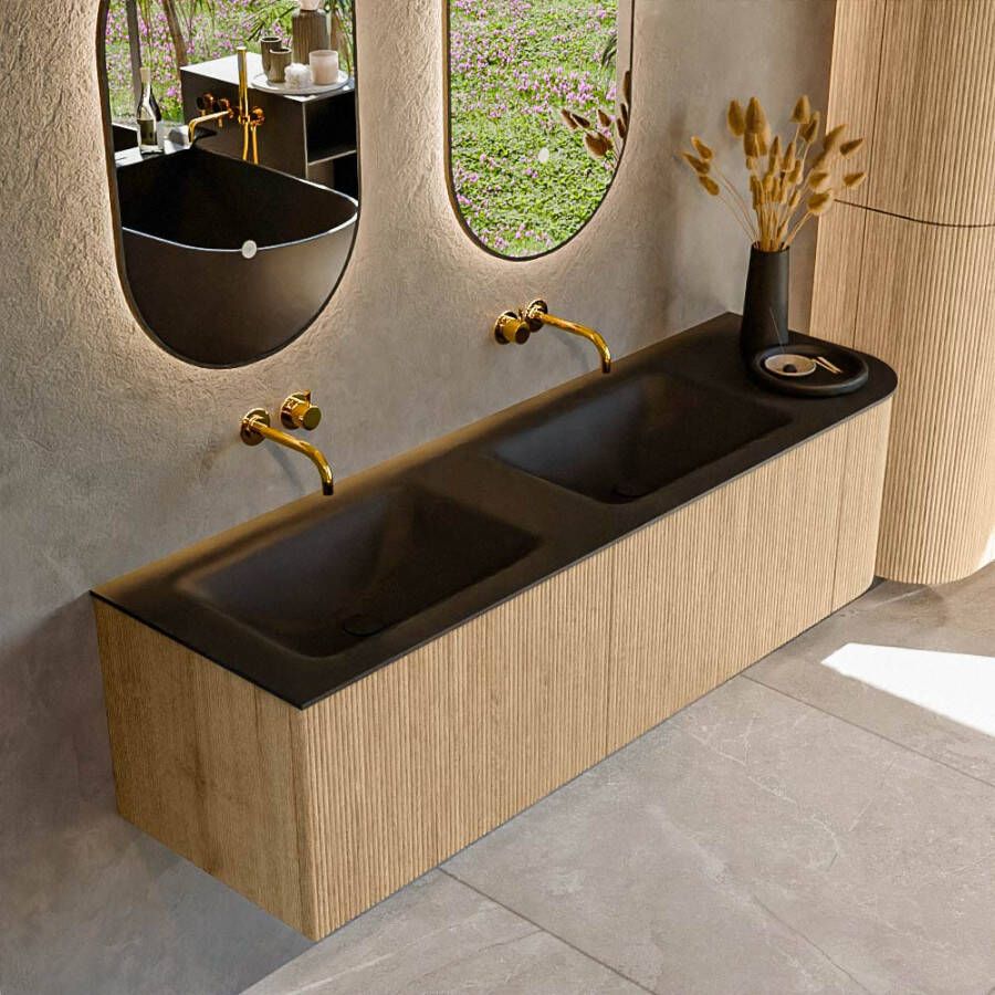 Mondiaz KURVE 155cm badmeubel met module 25 R kleur Oak met 2 lades en 1 deur. Wastafel CLOUD dubbel links zonder kraangat Urban. KRVCLO155R2L1D0KD-Oak Urb