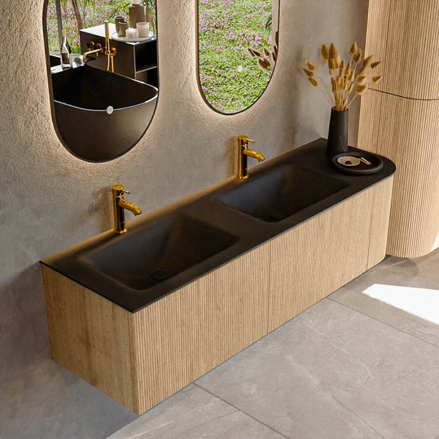 Mondiaz KURVE 155 cm Onderkast Greeploos 2 Lades Met Deuren Oak Wastafel Solid Surface Links Urban 2 Kraangaten Zonder Spiegel (KRVCLO155R2L1D2KD-Oak Urb)