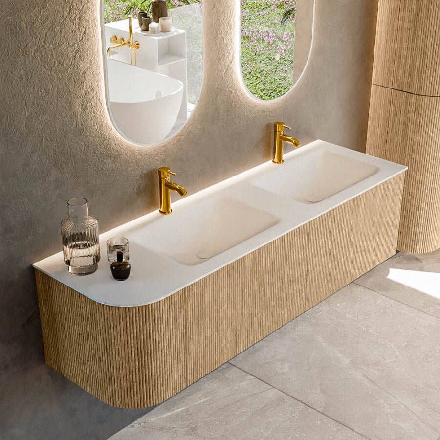 Mondiaz KURVE 155 cm Onderkast Greeploos 2 Lades Met Deuren Oak Wastafel Solid Surface Rechts Talc 2 Kraangaten Zonder Spiegel (KRVCLO155L2L1D2KD-Oak Tal)