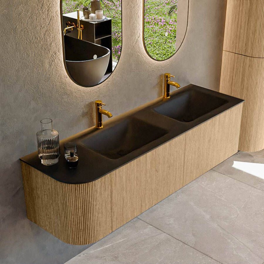 Mondiaz KURVE 155 cm Onderkast Greeploos 2 Lades Met Deuren Oak Wastafel Solid Surface Rechts Urban 2 Kraangaten Zonder Spiegel (KRVCLO155L2L1D2KD-Oak Urb)