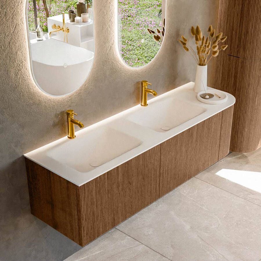 Mondiaz KURVE 155 cm Onderkast Greeploos 2 Lades Met Deuren Walnut Wastafel Solid Surface Links Talc 2 Kraangaten Zonder Spiegel (KRVCLO155R2L1D2KD-Wal Tal)
