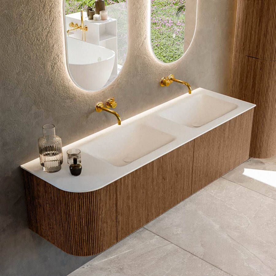 Mondiaz KURVE 155cm badmeubel met module 25 L kleur Walnut met 2 lades en 1 deur. Wastafel CLOUD dubbel rechts zonder kraangat Talc. KRVCLO155L2L1D0KD-Wal Tal