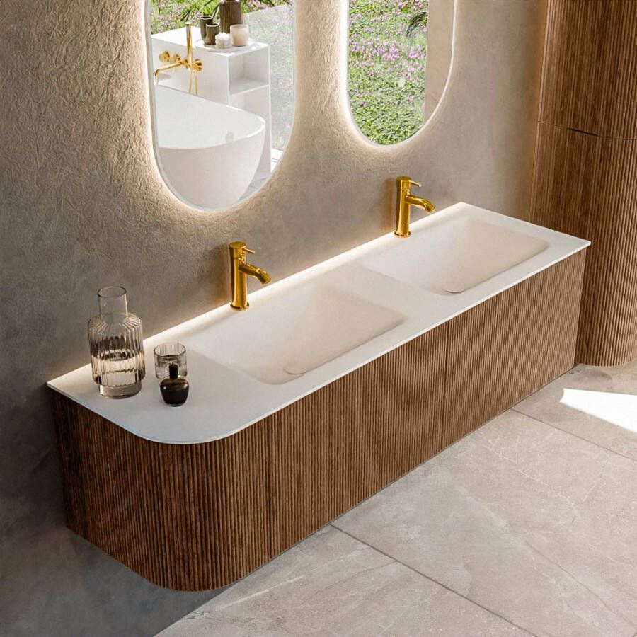 Mondiaz KURVE 155 cm Onderkast Greeploos 2 Lades Met Deuren Walnut Wastafel Solid Surface Rechts Talc 2 Kraangaten Zonder Spiegel (KRVCLO155L2L1D2KD-Wal Tal)