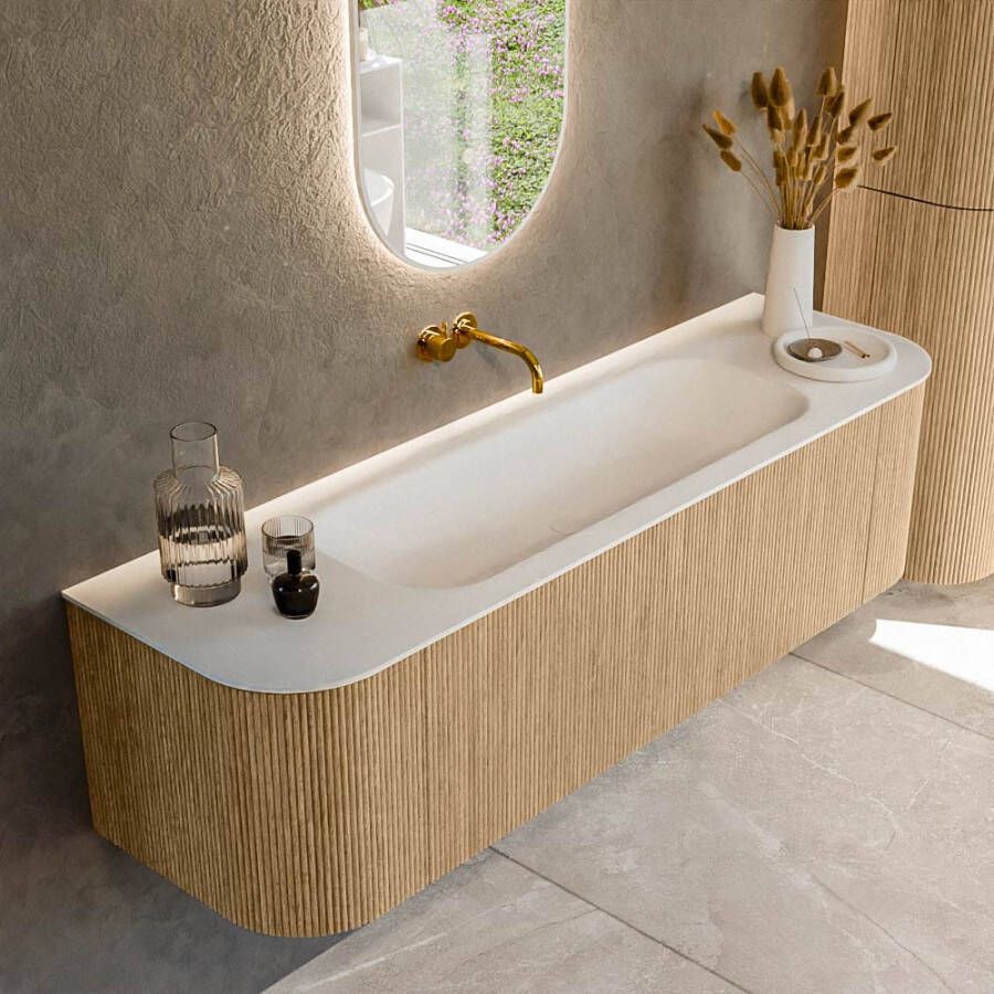 Mondiaz KURVE 160cm badmeubel met module 25 Len R kleur Oak met 1 lade en 2 deuren. Wastafel BIG MEDIUM midden zonder kraangat Talc. KRVBGM160L+R1L2D0KM-Oak Tal