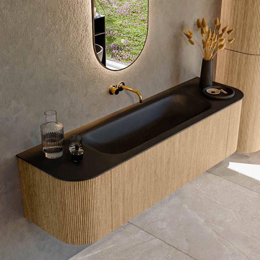 Mondiaz KURVE 160cm badmeubel met module 25 Len R kleur Oak met 1 lade en 2 deuren. Wastafel BIG MEDIUM midden zonder kraangat Urban. KRVBGM160L+R1L2D0KM-Oak Urb