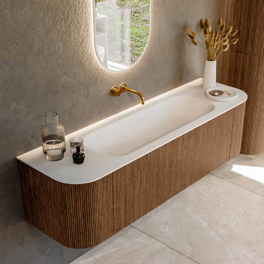 Mondiaz KURVE 160cm badmeubel met module 25 Len R kleur Walnut met 1 lade en 2 deuren. Wastafel BIG MEDIUM midden zonder kraangat Talc. KRVBGM160L+R1L2D0KM-Wal Tal