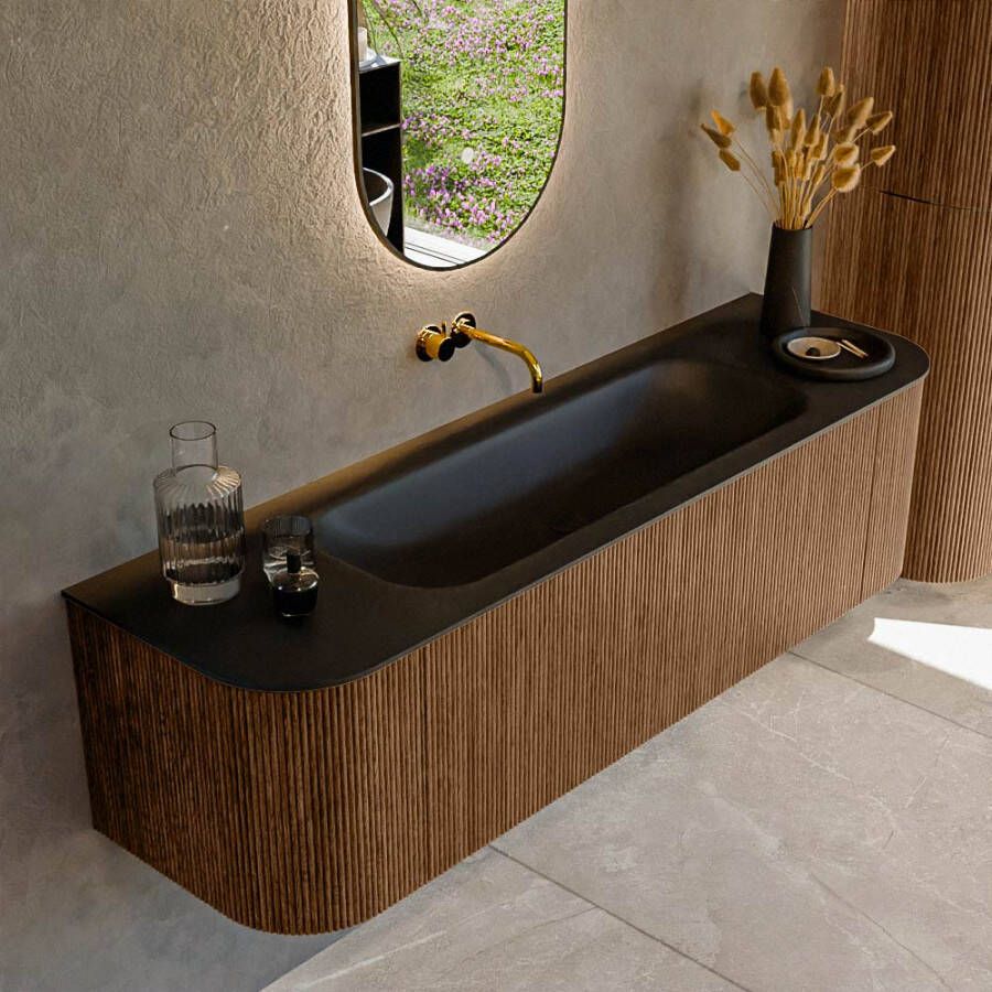 Mondiaz KURVE 160cm badmeubel met module 25 Len R kleur Walnut met 1 lade en 2 deuren. Wastafel BIG MEDIUM midden zonder kraangat Urban. KRVBGM160L+R1L2D0KM-Wal Urb