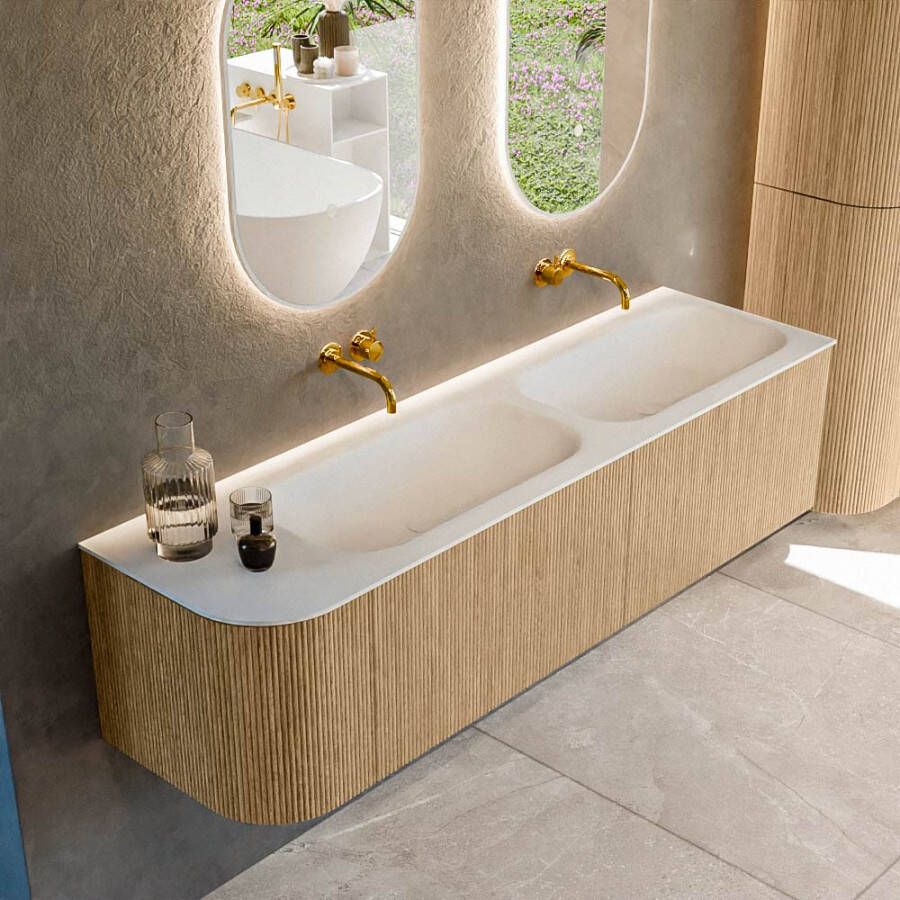 Mondiaz KURVE 165cm badmeubel met module 25 L kleur Oak met 2 lades en 1 deur. Wastafel BIG SMALL dubbel rechts zonder kraangat Talc. KRVBGS165L2L1D0KD-Oak Tal