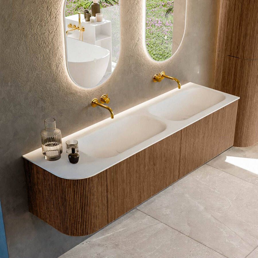 Mondiaz KURVE 165cm badmeubel met module 25 L kleur Walnut met 2 lades en 1 deur. Wastafel BIG SMALL dubbel rechts zonder kraangat Talc. KRVBGS165L2L1D0KD-Wal Tal