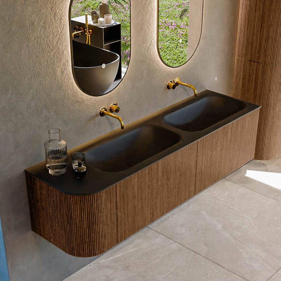 Mondiaz KURVE 165cm badmeubel met module 25 L kleur Walnut met 2 lades en 1 deur. Wastafel BIG SMALL dubbel rechts zonder kraangat Urban. KRVBGS165L2L1D0KD-Wal Urb