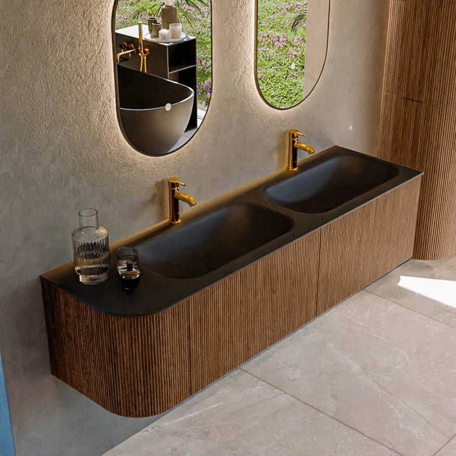 Mondiaz KURVE 165cm badmeubel met module 25 L kleur Walnut met 2 lades en 1 deur. Wastafel BIG SMALL dubbel rechts 2 kraangaten Urban. KRVBGS165L2L1D2KD-Wal Urb