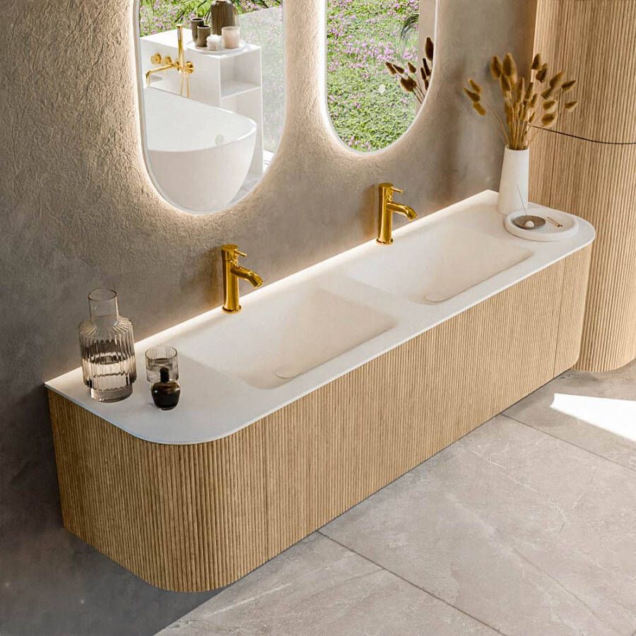 Mondiaz KURVE 170 cm Onderkast Greeploos 1 Lade Met Deuren Oak Wastafel Solid Surface Dubbel Talc 2 Kraangaten Zonder Spiegel (KRVCLO170L+R1L2D2KD-Oak Tal)