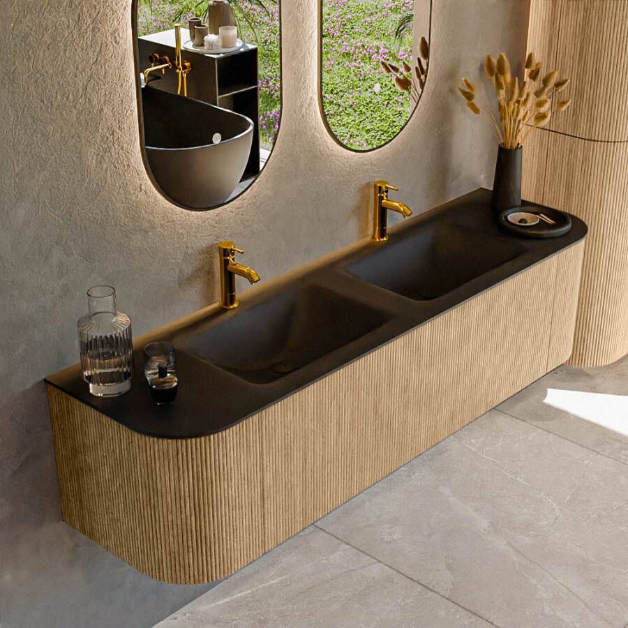 Mondiaz KURVE 170 cm Onderkast Greeploos 1 Lade Met Deuren Oak Wastafel Solid Surface Dubbel Urban 2 Kraangaten Zonder Spiegel (KRVCLO170L+R1L2D2KD-Oak Urb)