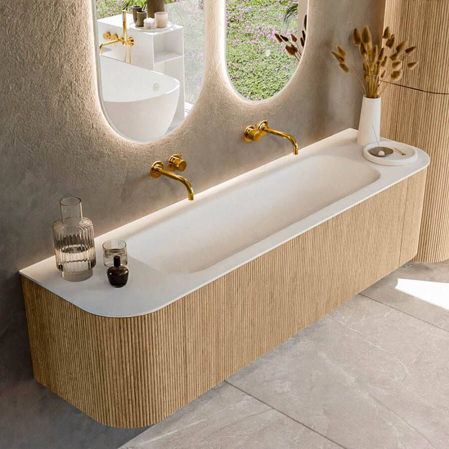 Mondiaz KURVE 170cm badmeubel met module 25 Len R kleur Oak met 1 lade en 2 deuren. Wastafel BIG LARGE midden zonder kraangat Talc. KRVBGL170L+R1L2D0KM-Oak Tal