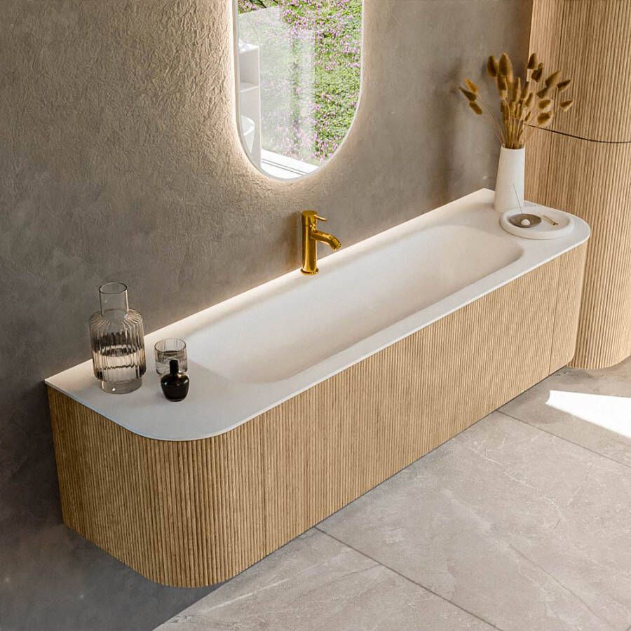 Mondiaz KURVE 170cm badmeubel met module 25 Len R kleur Oak met 1 lade en 2 deuren. Wastafel BIG LARGE midden 1 kraangat Talc. KRVBGL170L+R1L2D1KM-Oak Tal