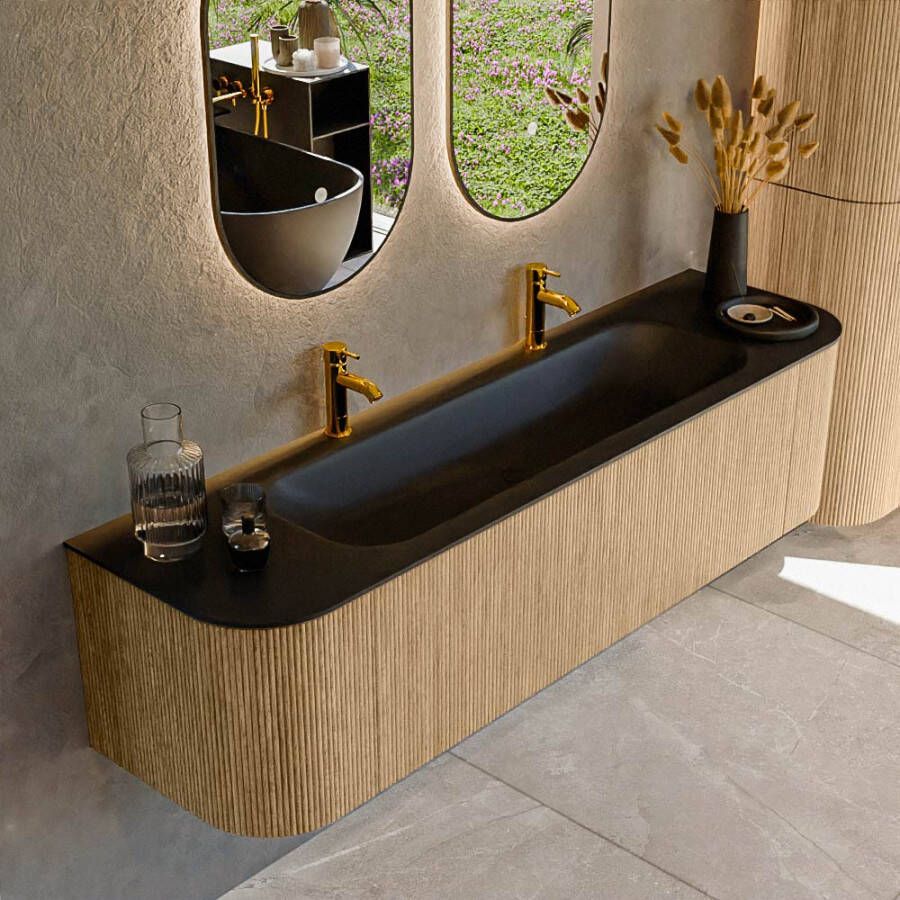 Mondiaz KURVE 170cm badmeubel met module 25 Len R kleur Oak met 1 lade en 2 deuren. Wastafel BIG LARGE midden 2 kraangaten Urban. KRVBGL170L+R1L2D2KM-Oak Urb