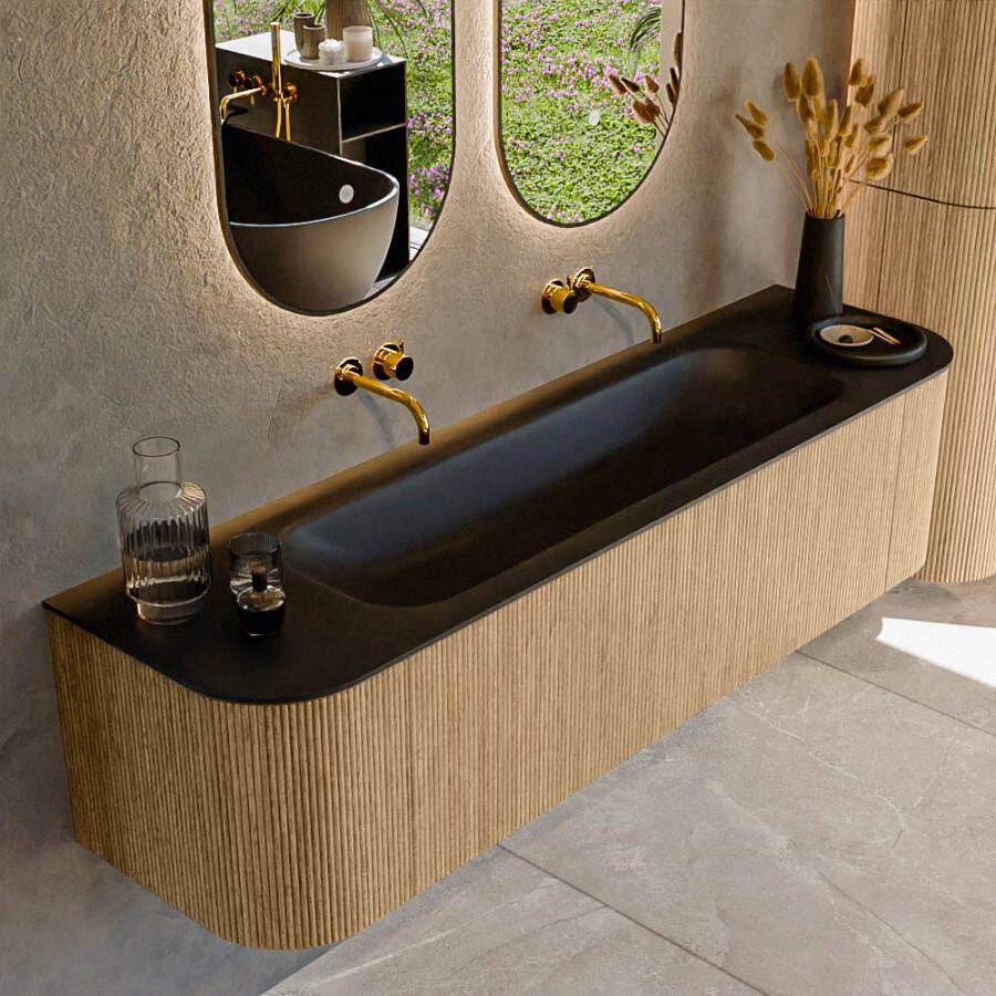 Mondiaz KURVE 170cm badmeubel met module 25 Len R kleur Oak met 1 lade en 2 deuren. Wastafel BIG LARGE midden zonder kraangat Urban. KRVBGL170L+R1L2D0KM-Oak Urb