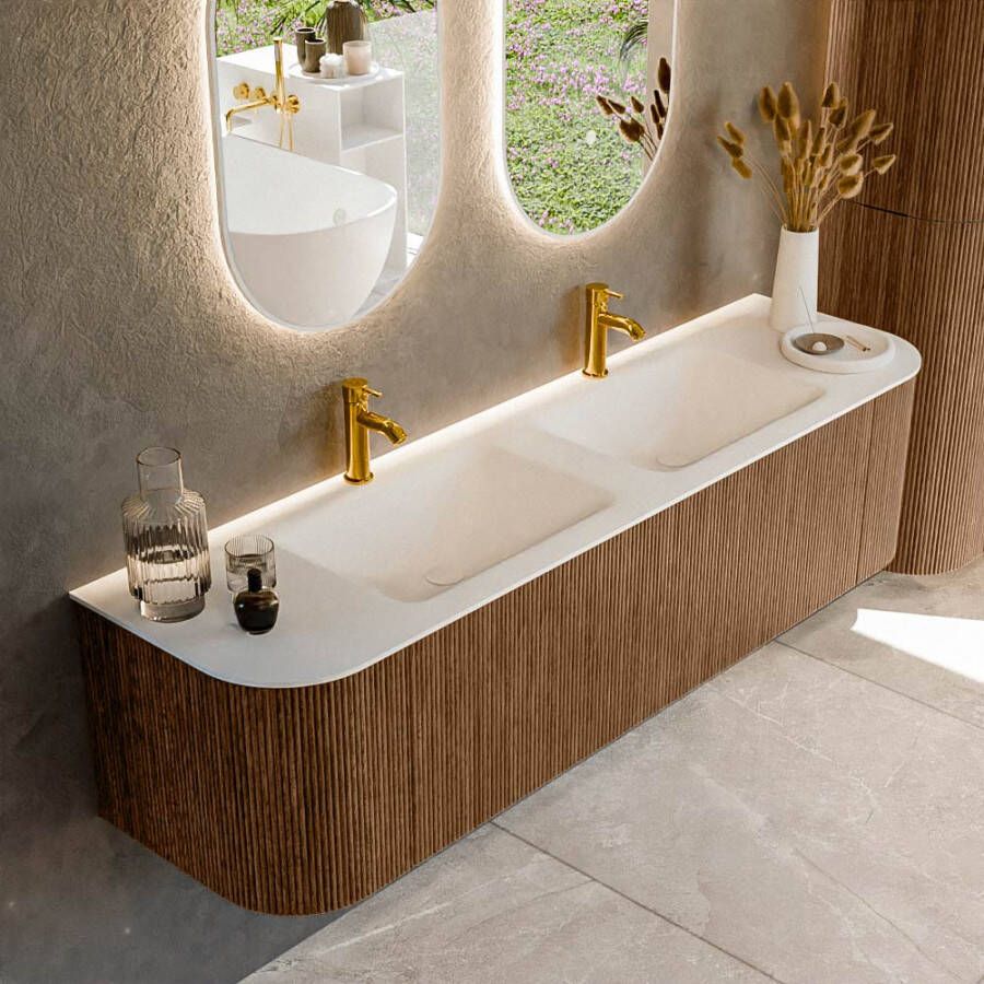 Mondiaz KURVE 170 cm Onderkast Greeploos 1 Lade Met Deuren Walnut Wastafel Solid Surface Dubbel Talc 2 Kraangaten Zonder Spiegel (KRVCLO170L+R1L2D2KD-Wal Tal)