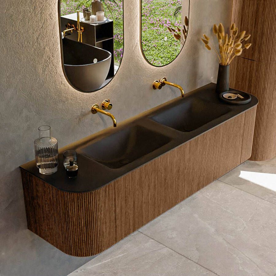 Mondiaz KURVE 170 cm Onderkast Greeploos 1 Lade Met Deuren Walnut Wastafel Solid Surface Dubbel Urban 0 Kraangaten Zonder Spiegel (KRVCLO170L+R1L2D0KD-Wal Urb)