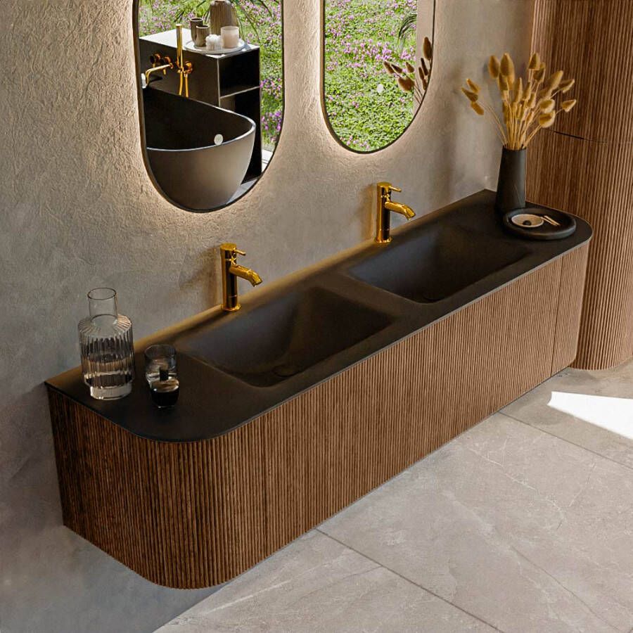 Mondiaz KURVE 170 cm Onderkast Greeploos 1 Lade Met Deuren Walnut Wastafel Solid Surface Dubbel Urban 2 Kraangaten Zonder Spiegel (KRVCLO170L+R1L2D2KD-Wal Urb)