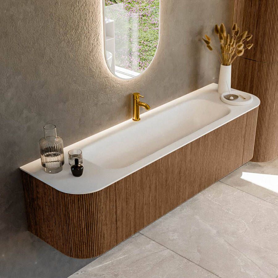 Mondiaz KURVE 170cm badmeubel met module 25 Len R kleur Walnut met 1 lade en 2 deuren. Wastafel BIG LARGE midden 1 kraangat Talc. KRVBGL170L+R1L2D1KM-Wal Tal